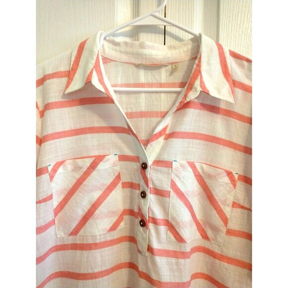 Soft Surroundings Half-Button Tunic Shirt Hi-Low Pockets Cotton Pink & White - L - Picture 2 of 8